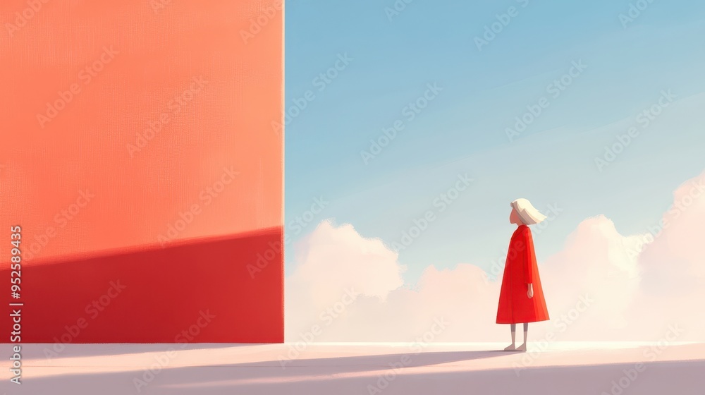 Poster retro pixelated character walking on path with copy space for nostalgic journey concept, blending co