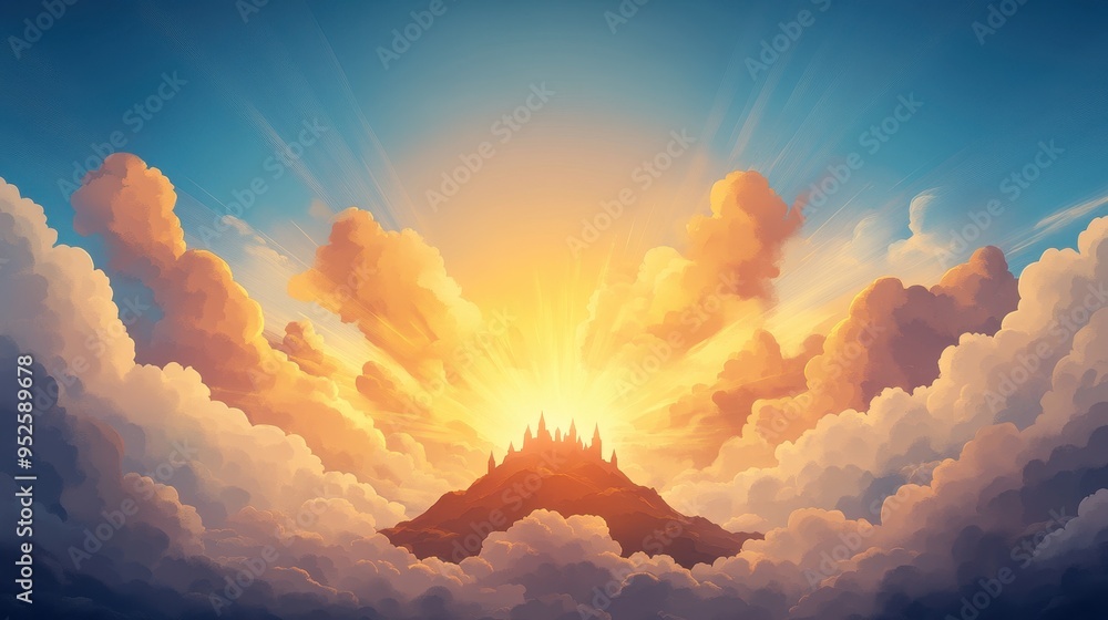 Poster nostalgic 16-bit castle on hilltop in vast pixelated sky - retro fantasy pixel art composition with 