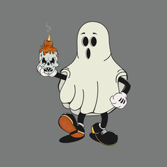 Spooky with a skull and a burning candle in his hand. Cute cartoon character ghost. An element of Halloween design. Vector illustration in retro style.