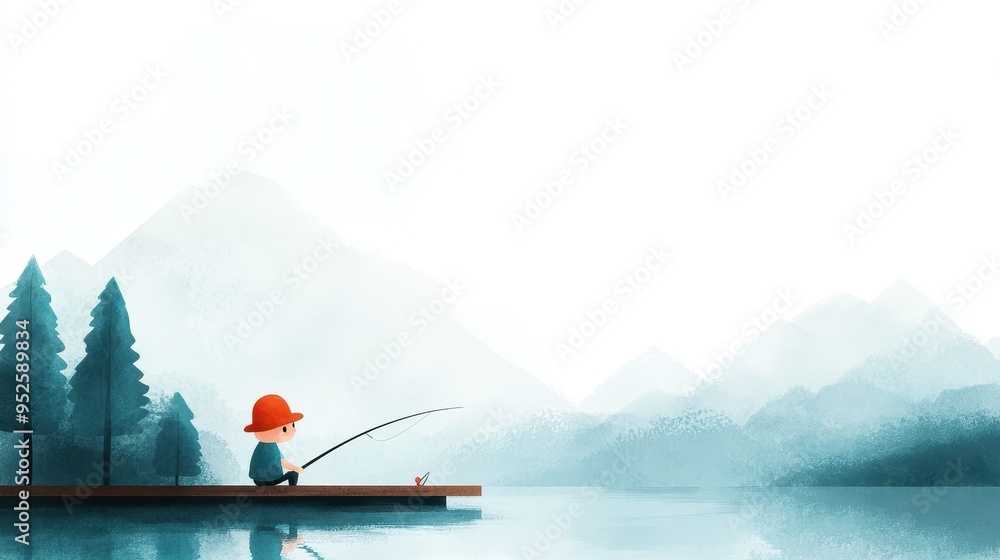 Poster retro pixelated character enjoying fishing by the lake - contemporary 16-bit graphics with copy spac