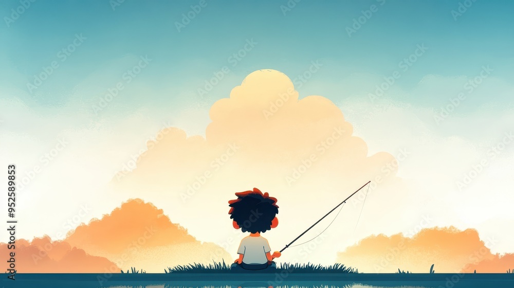 Poster fishing adventure in pixelated style - retro video game character fishing at lake with copy space ab