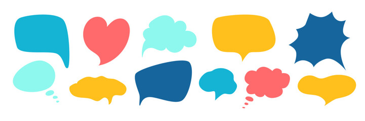 Colorful hand drawn Speech Bubble Collection. Empty Chatting message Talk idea Thinking box set. Dialogue Comment Feedback Clouds. Kids playful Text balloon. Vector illustration