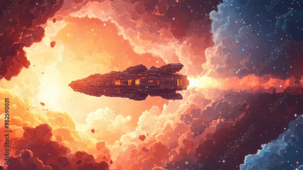 Poster futuristic 16-bit pixel art spaceship in intergalactic space, classic sci-fi with modern twist, retr