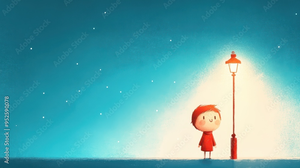 Poster retro 8-bit pixelated character standing beneath streetlamp in simplistic modern design with copy sp