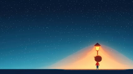 Pixelated Retro Game Character Under Streetlamp with Copy Space, Modern Minimalism