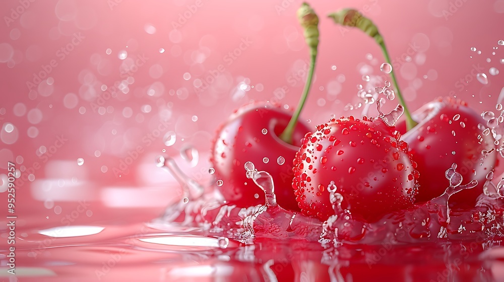Poster three red cherries splashing into water, creating a vibrant and refreshing image.
