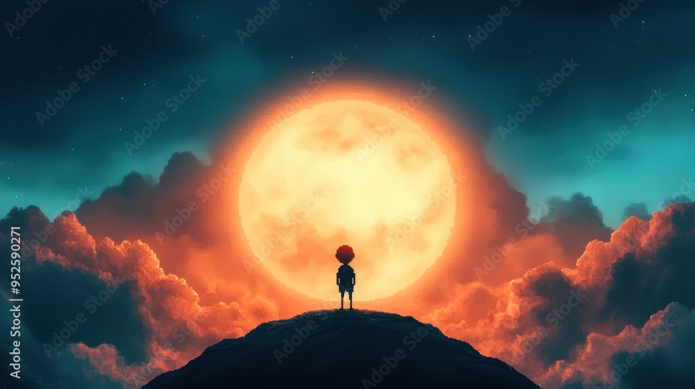 Aufkleber retro pixelated character on 16-bit moon with nostalgic space theme and copy space for text, clean l