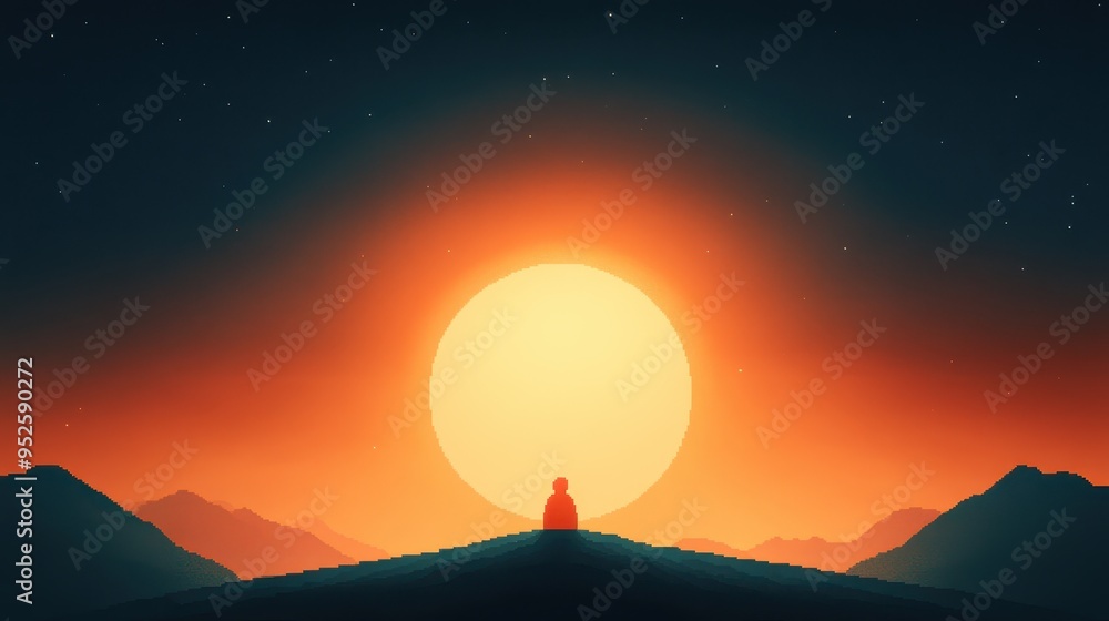 Poster retro pixelated character on 16-bit moon with black copy space - nostalgic space theme in clean layo