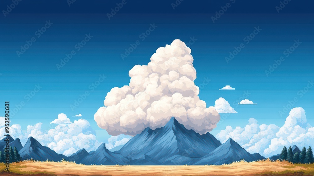 Poster serene pixelated landscape with cloud and mountain in 8-bit style, retro calm design with copy space