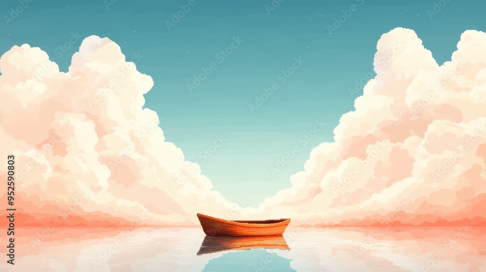 Poster serene 8-bit pixel art of lone boat on pixelated water with nostalgic vibes and minimalist design - 