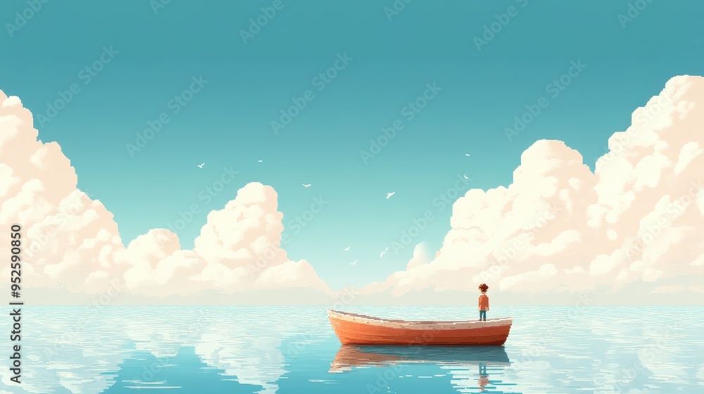 Poster serene solitude - nostalgic 8-bit pixel art of a lonely boat on pixelated water with copy space on t