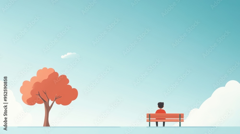 Poster retro pixelated character on 16-bit park bench with spacious sky for copy - clean modern design for 