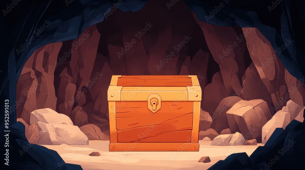 Poster retro pixelated treasure chest in cave with copy space for text, minimalist design for gaming concep