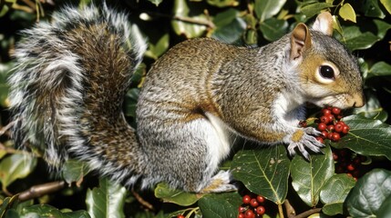 A squirrel eating berries on a tree