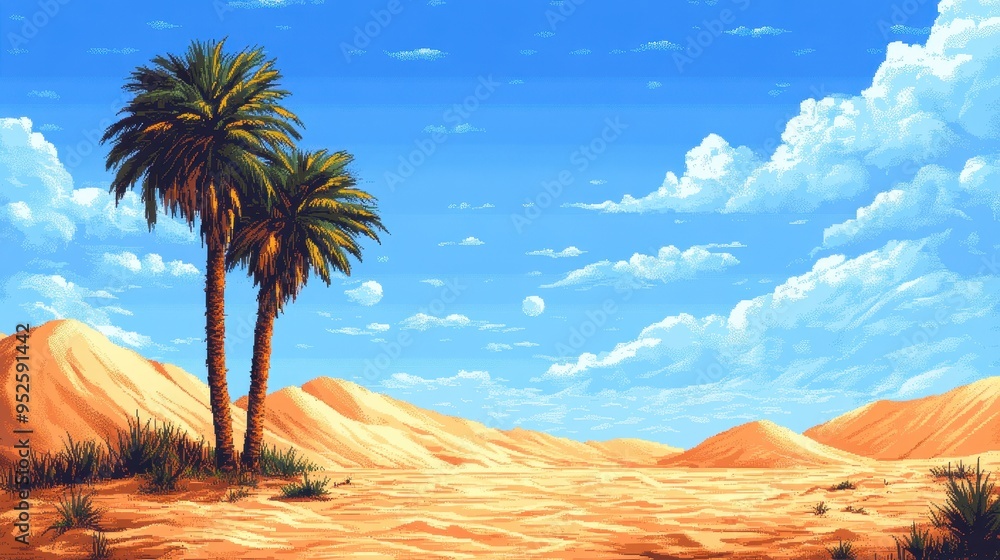 Poster tranquil 8-bit oasis - pixelated desert landscape in retro adventure game style with copy space on t