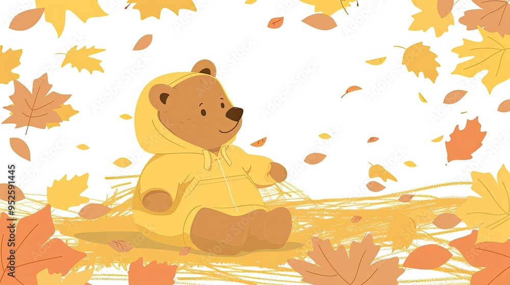 Poster cute bear in yellow hoodie sitting on the ground