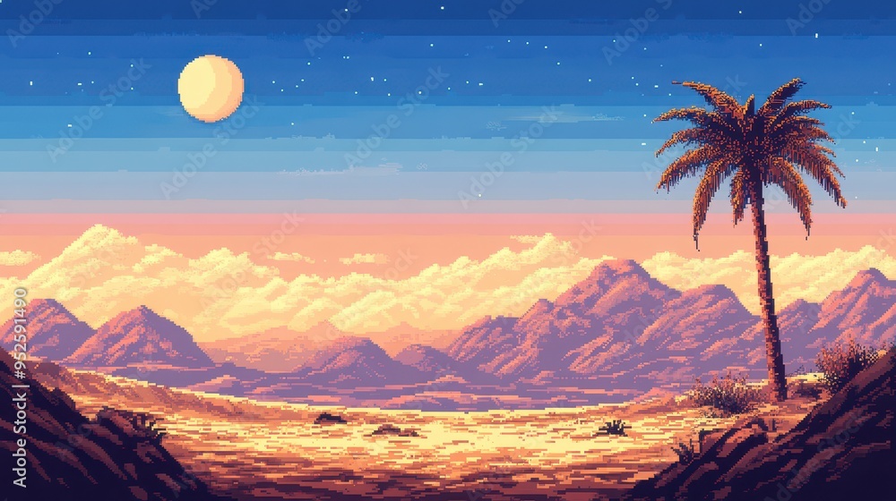 Poster retro 8-bit desert landscape with oasis - minimalist pixel art adventure game background with copy s