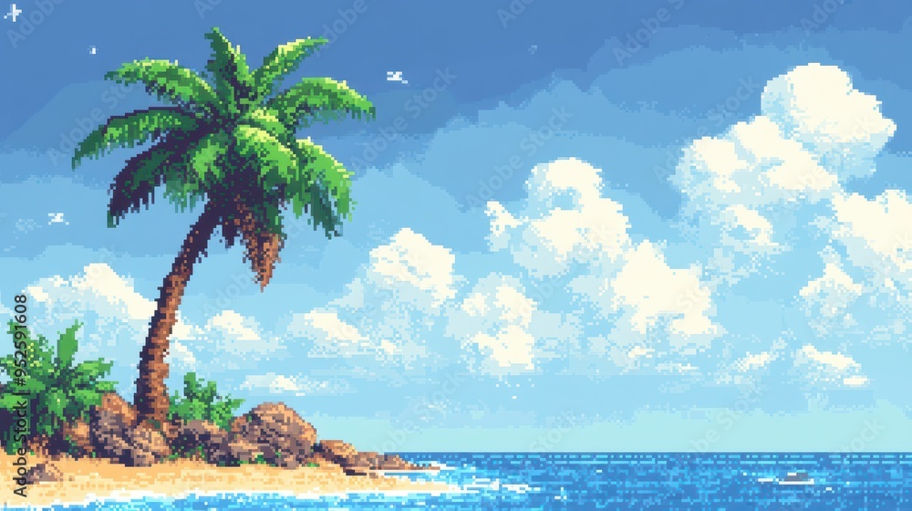 Poster retro survival game scene with 8-bit pixelated island and palm tree against clean modern background 