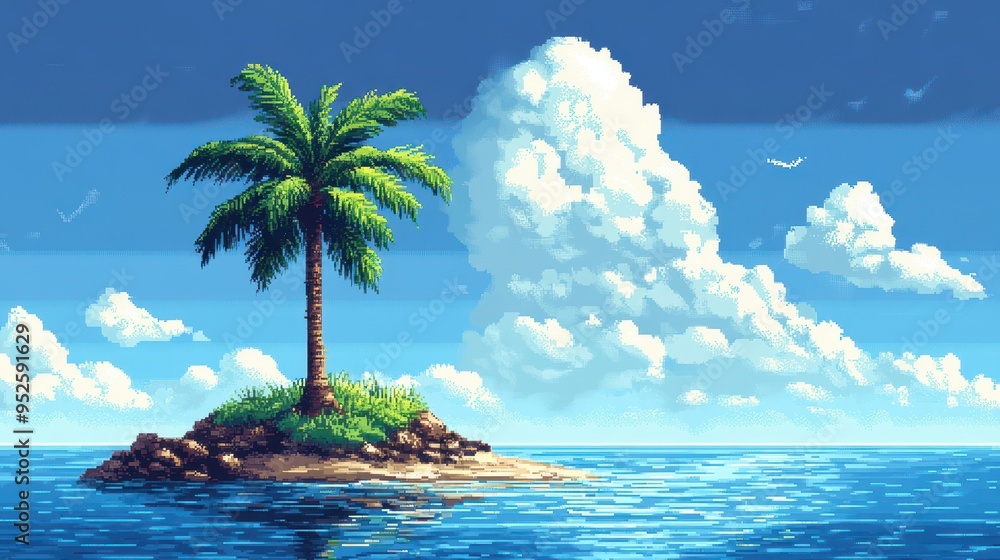 Poster retro pixelated island with palm tree - clean and modern survival game aesthetic with ample copy spa
