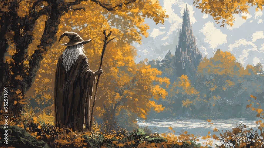 Poster pixelated wizard: nostalgic 16-bit fantasy art in forest clearing with modern layout and copy space