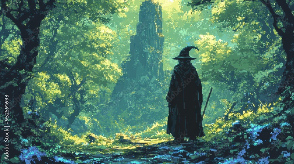 Poster enchanted pixelated wizard in forest clearing - nostalgic fantasy 16-bit art with modern design, cop