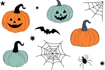 Cartoon vector set for Halloween with different pumpkins lantern, bat, spider web, stars. Hand drawn elements for celebrating autumn Saints holiday for design, card, flyer, poster, print, paper