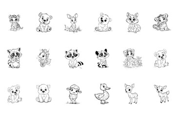 A large set of cute animals drawn with a black outline Wild animal, coloring page for kids