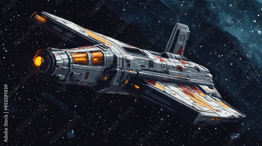 Poster retro pixel art spaceship flying in starry sky with copy space for text - classic sci-fi video game 