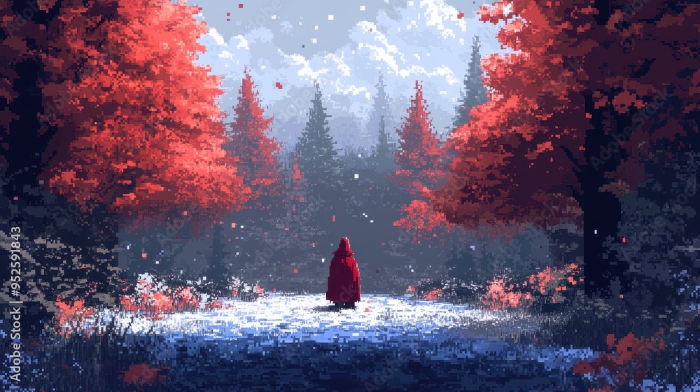 Poster nostalgic pixelated wizard in forest clearing - modern retro fantasy pixel art with copy space