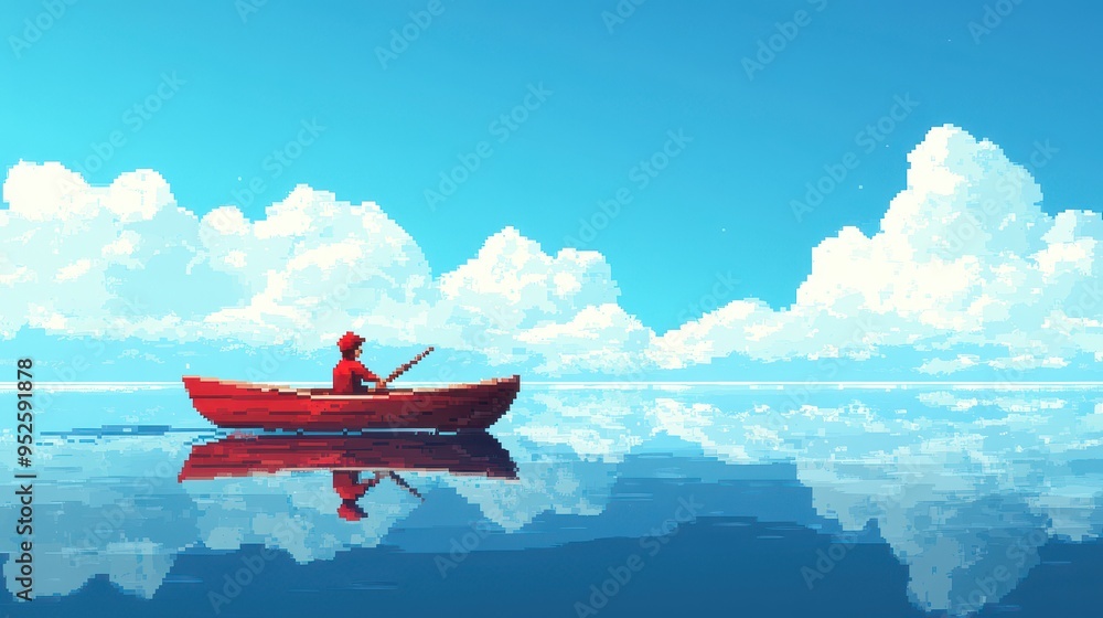 Poster pixelated explorer rowing boat in 8-bit retro game design with copy space