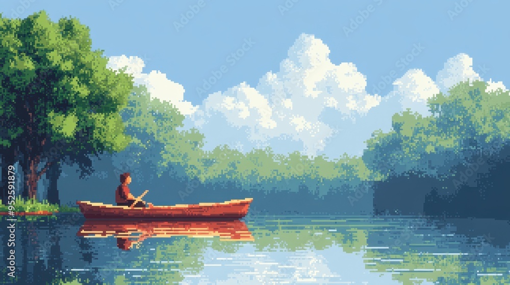Poster retro pixel art of character rowing boat with left side copy space for exploration game - 8-bit clea