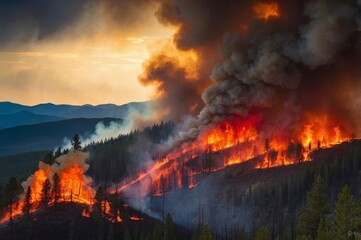 Fototapeta premium Fiery sunset over forest fire
