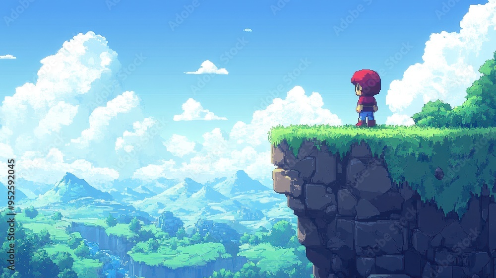 Poster retro pixelated character in 16-bit rpg style at cliff edge with copy space, clean visuals
