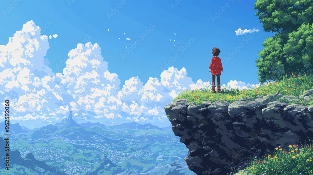 Poster retro adventure - pixelated character in 16-bit graphics standing at cliff in classic rpg style with