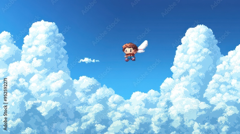 Poster retro pixelated character soaring on glider in 16-bit sky | nostalgic freedom and contemporary adven