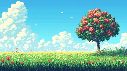 8-Bit Pixelated Flower Garden in Retro Calm Style with Clear Sky Copy Space, Modern Minimalist Layout
