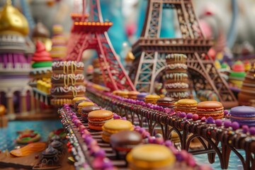 Obraz premium A vibrant display of colorful macarons against a whimsical background featuring iconic landmarks.