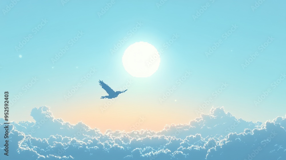 Aufkleber retro pixelated bird flying in sky with copy space for text, 8-bit style contemporary artwork compos
