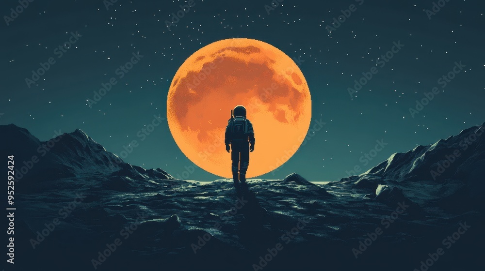 Poster retro pixelated character walking on 16-bit moon - classic space game with a modern twist