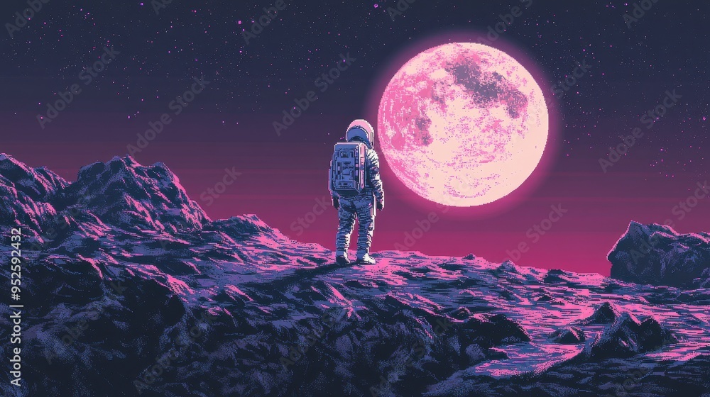 Poster retro pixelated character walking on 16-bit moon in classic space game with a modern twist, dark cop