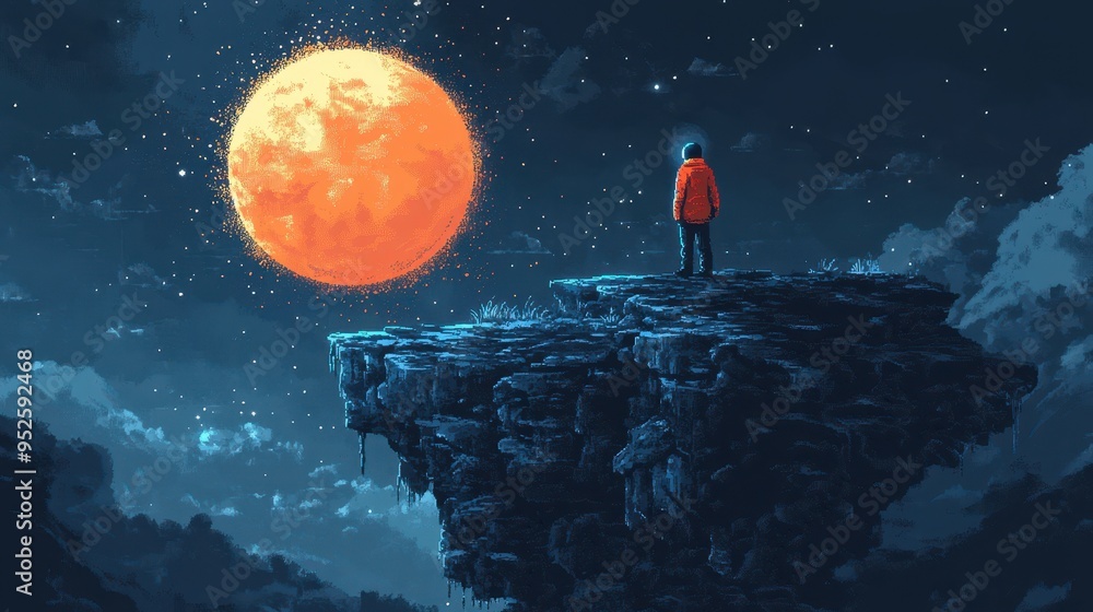 Poster Retro Pixelated Character Walking on 16-Bit Moon with Dark Copy Space - Classic Space Game with Modern Twist
