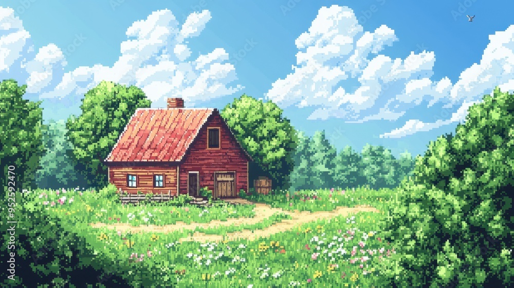 Poster retro 8-bit pixelated farm scene with barn and copy space for nostalgic gaming background - clean de