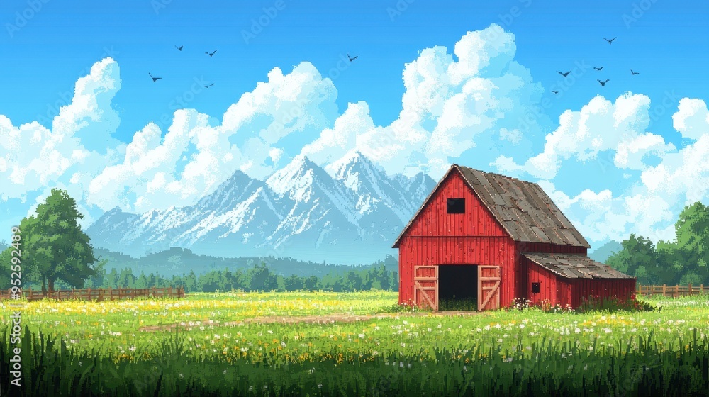 Aufkleber retro 8-bit pixelated farm scene with barn and copy space for nostalgic farming game concept.