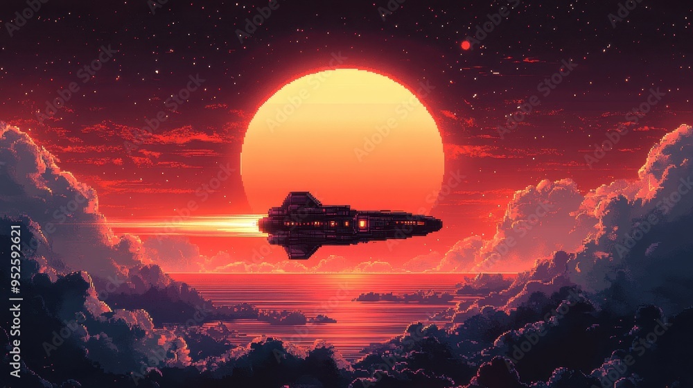 Poster retro 8-bit pixel spaceship flying over pixelated planet with minimalist framing for nostalgic sci-f