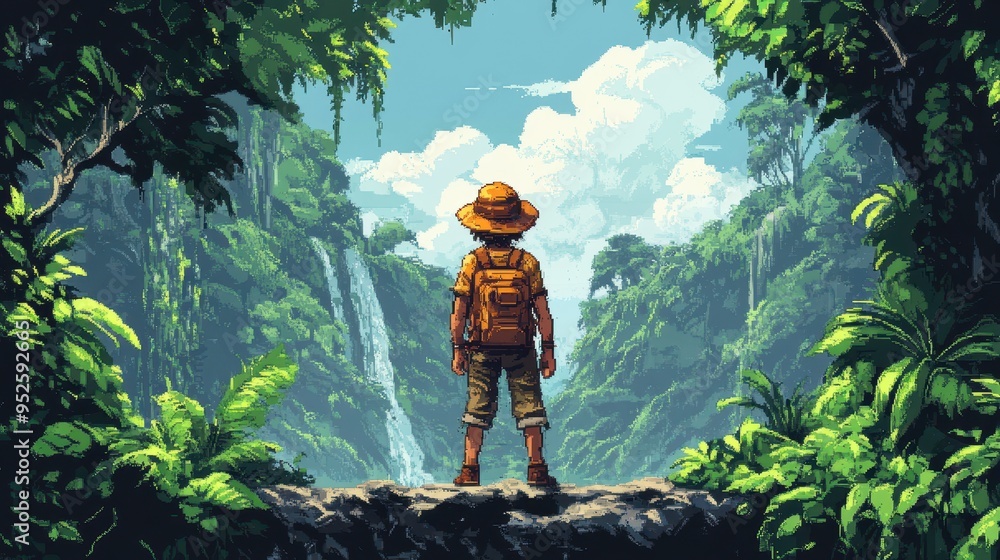 Aufkleber retro pixelated character adventuring in a 16-bit jungle with top copy space, modern visuals for ret