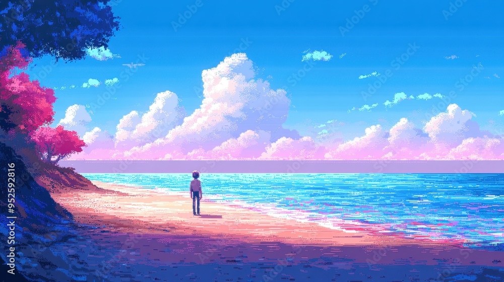Aufkleber retro pixel art character strolling on beach - nostalgic 16-bit summer scene with copy space