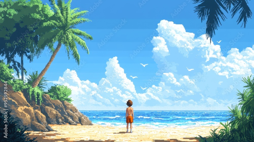 Aufkleber retro pixelated character enjoying a beach stroll in 16-bit pixel art with copy space for text, summ