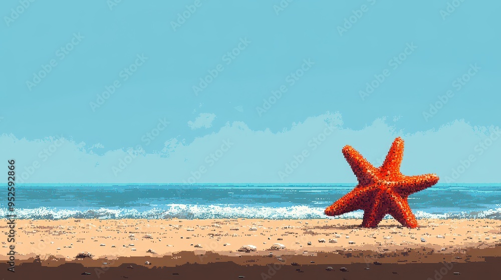 Poster retro 8-bit pixel art of pixelated starfish on beach with copy space, minimalist design for nostalgi