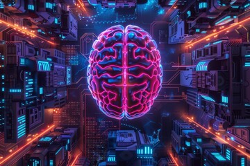 Obraz premium A vibrant, futuristic illustration of a brain, glowing with neon colors in a high-tech environment, representing advanced technology.