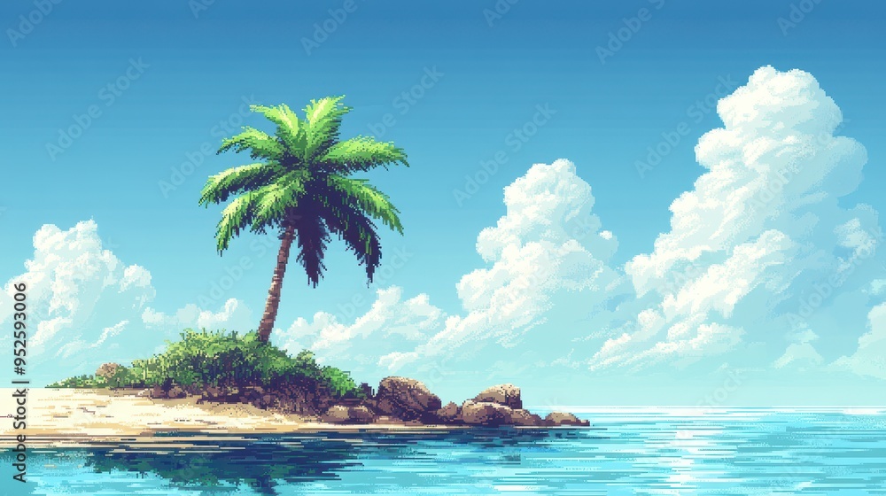 Aufkleber pixelated palm tree on deserted island - nostalgic adventure in minimalist pixel art with ample sky 